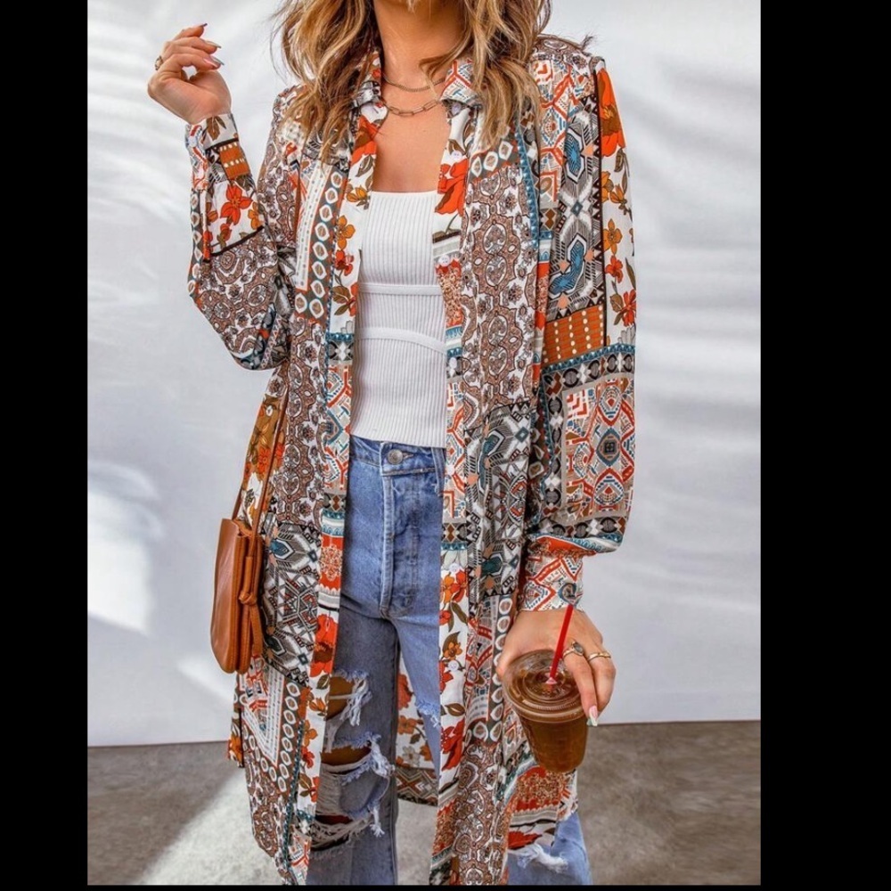 Boho Patchwork Printed Long Cardigan - Orange Multi